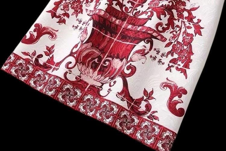 Handmade Italian designer Brocade Majolica print sleeveless mini dress, red white Minidress summer dress