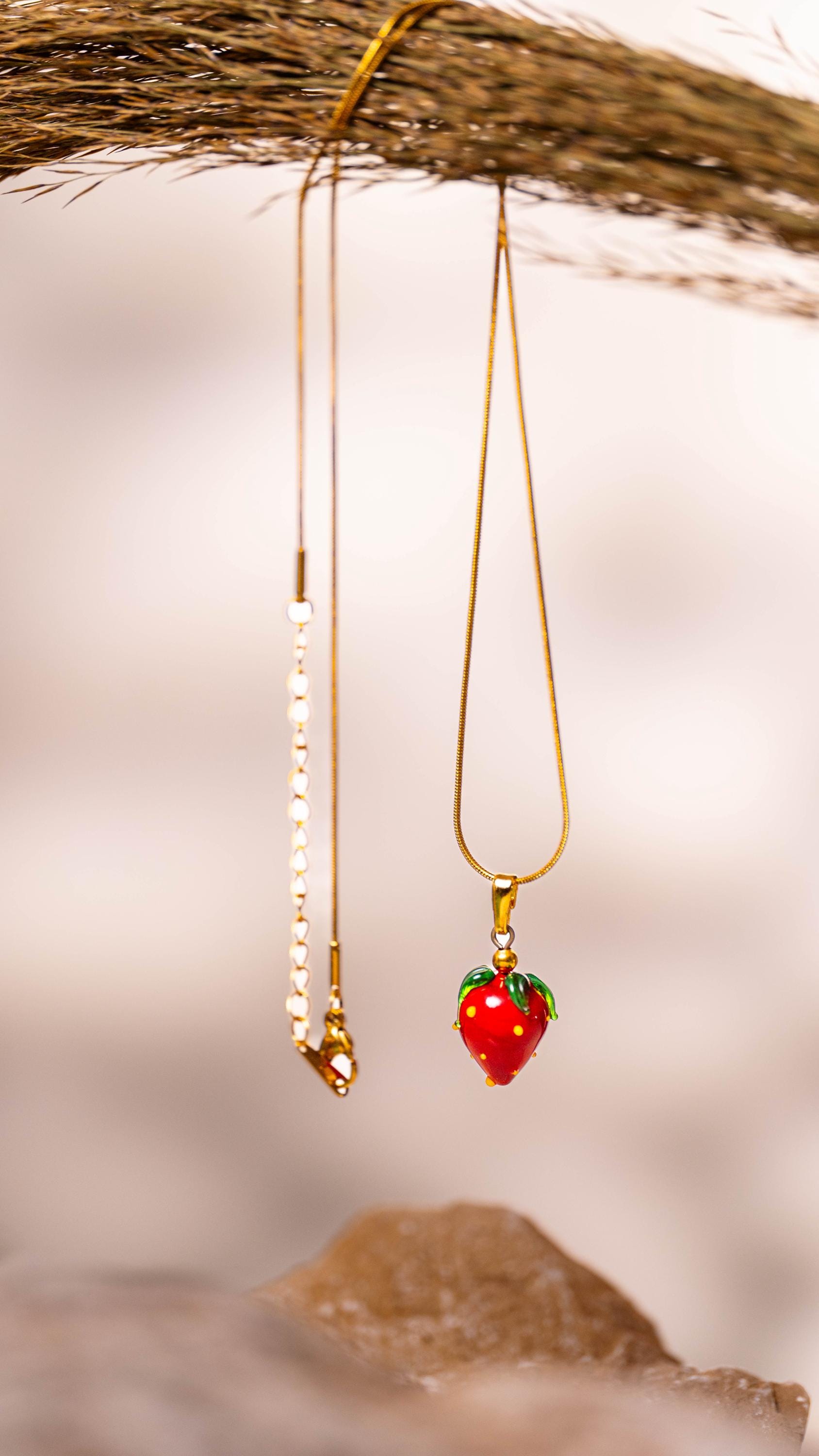 Handmade Murano Glass Strawberry Necklace: Gold Plated Charm