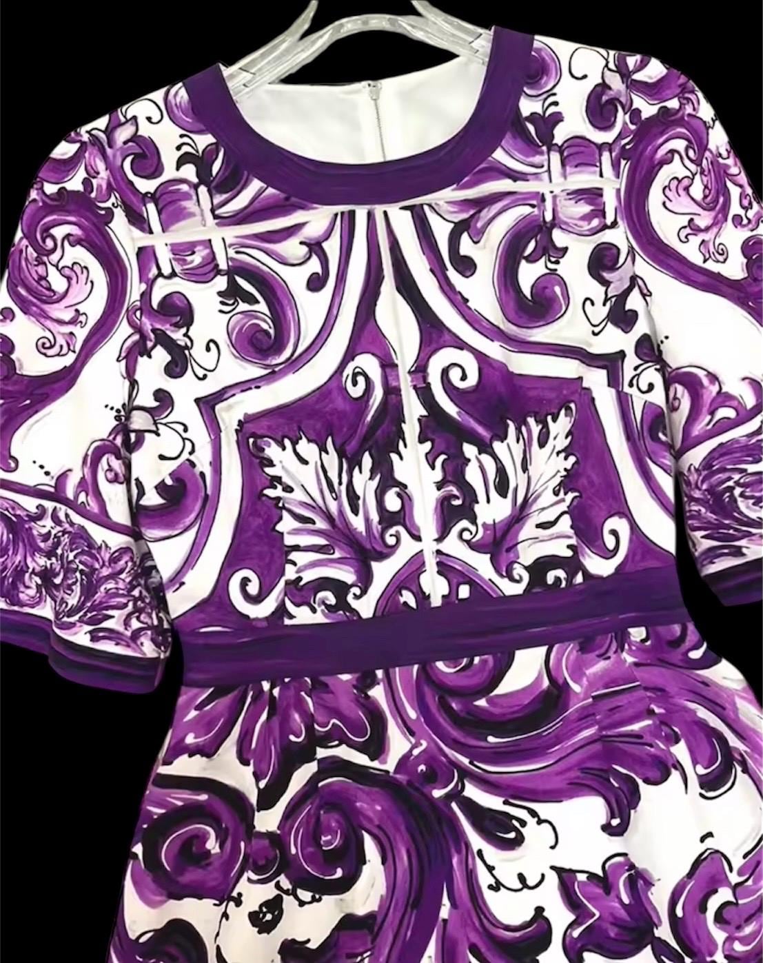 Italian Designer Cotton Mini Dress: Pink Roses Print, Purple Sleeves