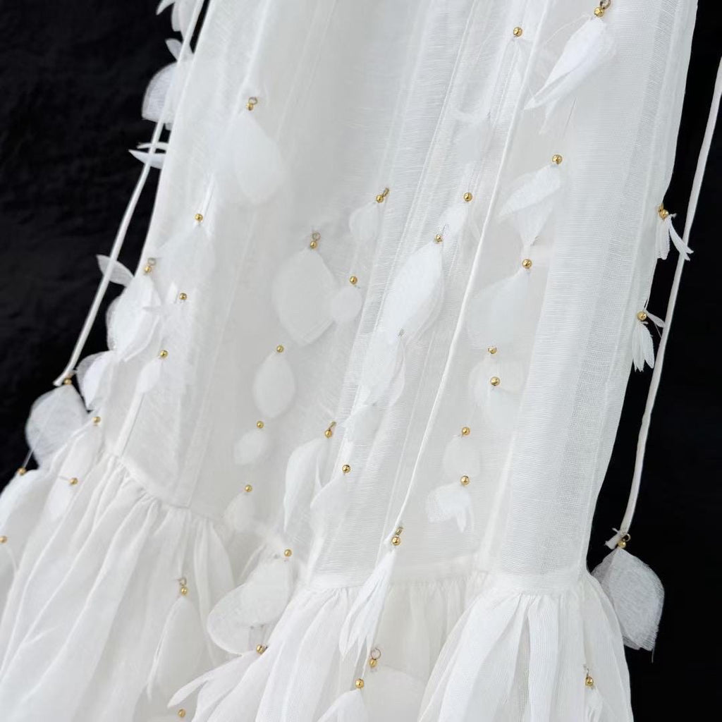 Floral Linen Silk Midi Dress: Italian Designer Handmade Luxury White color Wedding dress