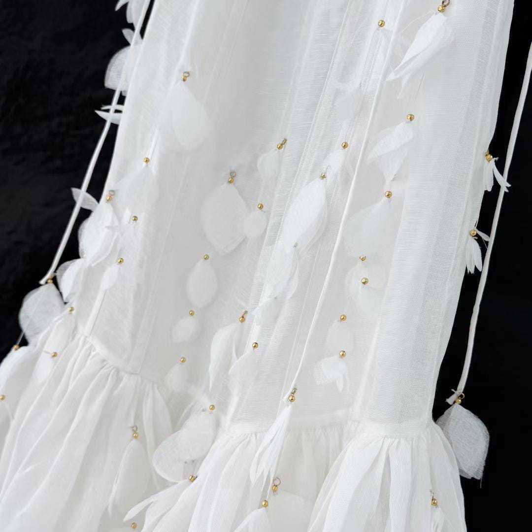 Floral Linen Silk Midi Dress: Italian Designer Handmade Luxury White color Wedding dress