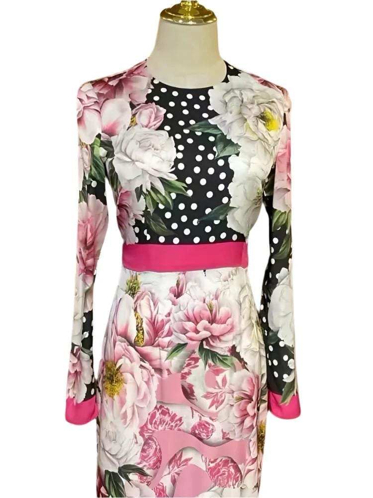 Italian Luxury Designer Polka dot Roses print 100% silk dress