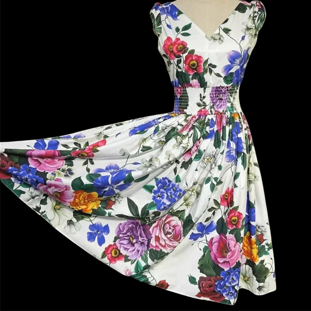 Italian Luxury designer Roses and Violets print 100% cotton sundress