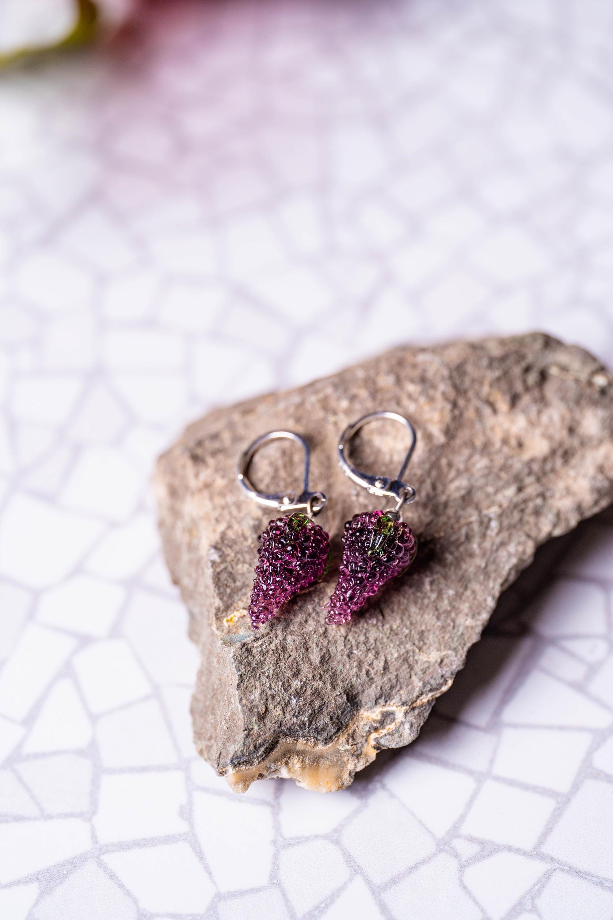 Handmade Murano Glass Grape Earrings: 925 Sterling Silver Hoops