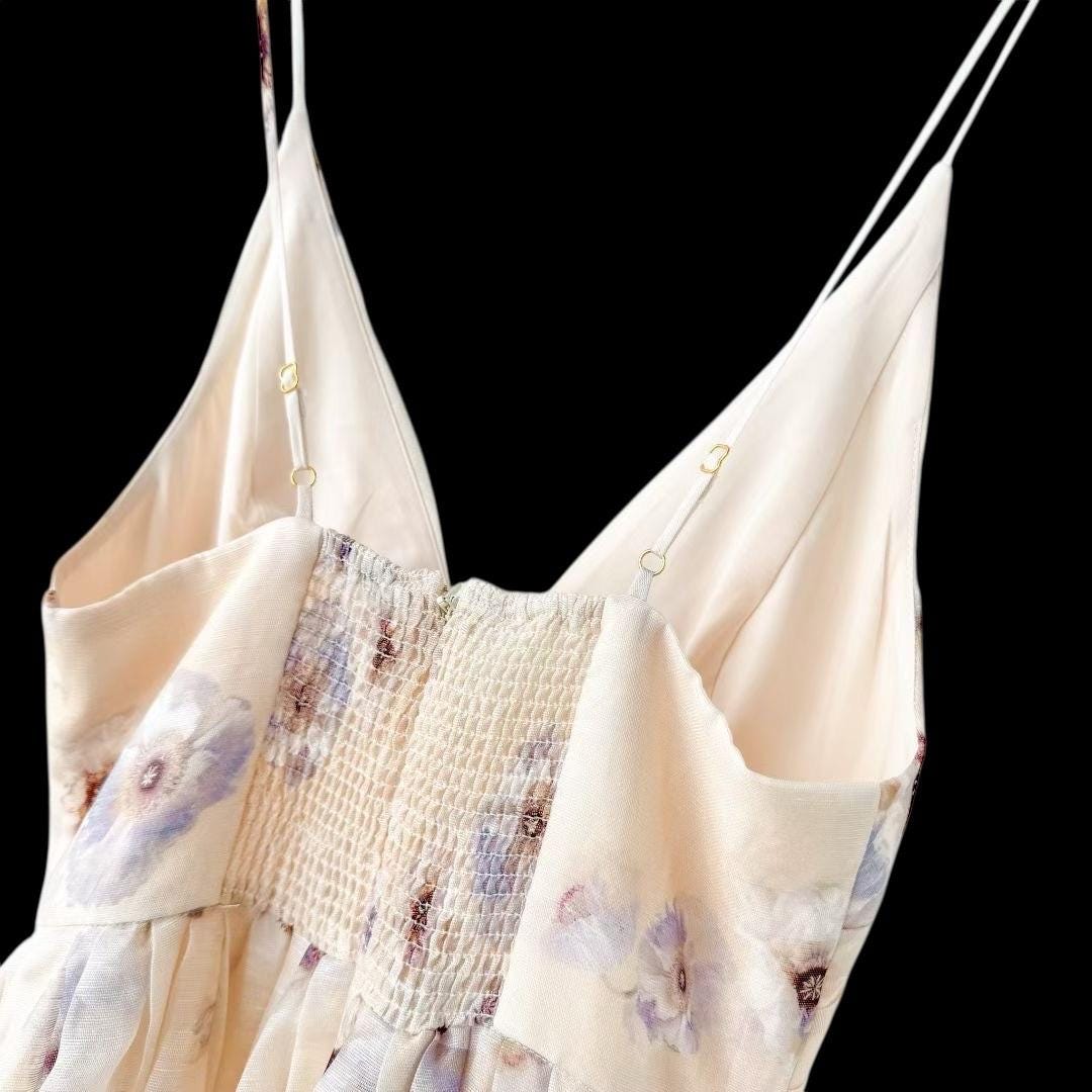 Floral Linen Silk Midi Dress: Italian Designer Handmade Luxury