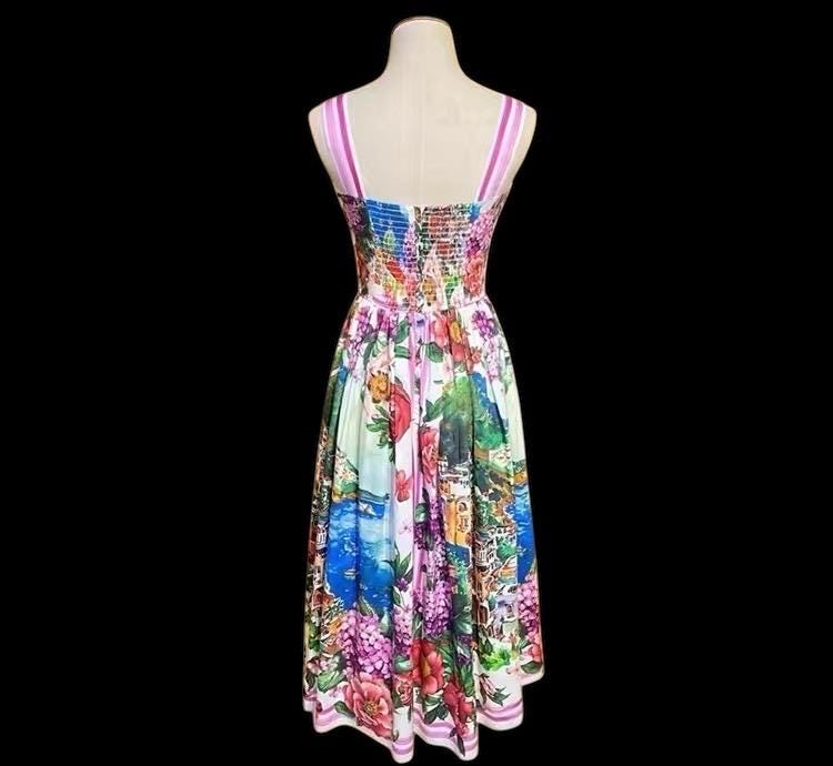 Handmade Italian designer Positano print push up cotton dress, dolce vita dress