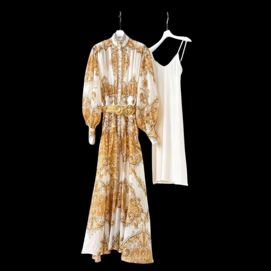 Linen Silk Maxi Dress: Handmade Italian Designer Parsley Print