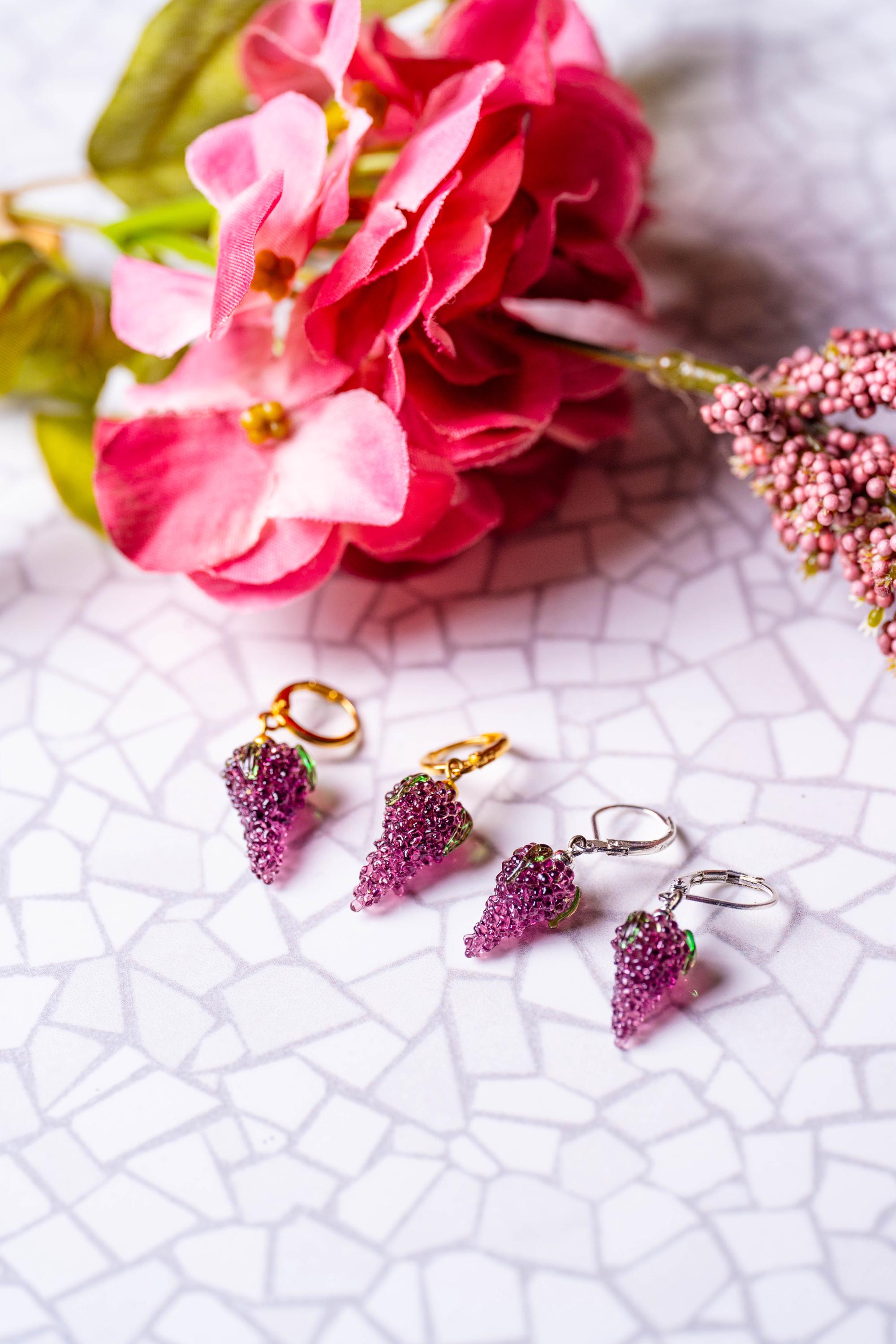Handmade Murano Glass Grape Earrings: 925 Sterling Silver Hoops