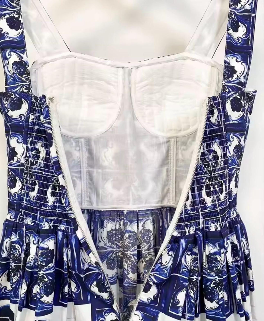 Handmade Italian designer Majolica-print blue color  midi dress push up cotton dress