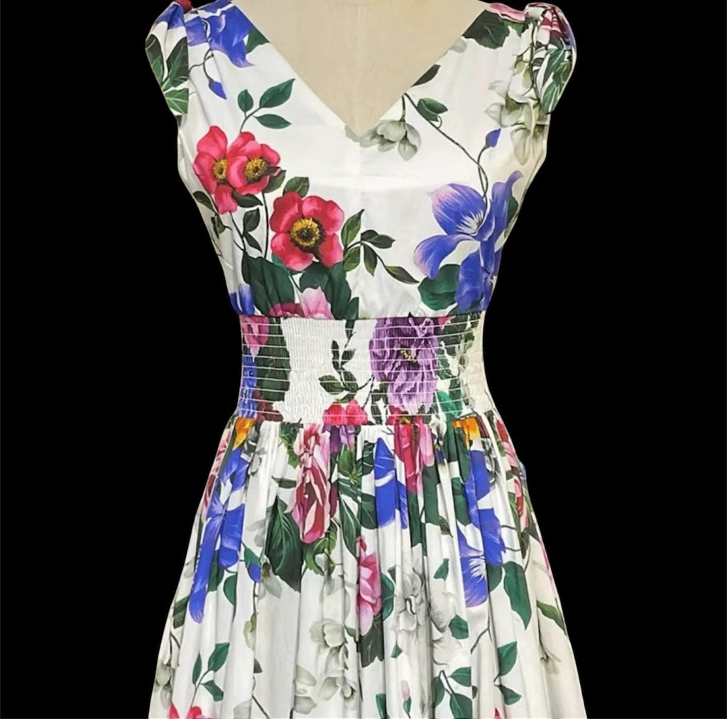 Italian Luxury designer Roses and Violets print 100% cotton sundress