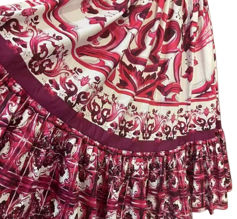 Handmade Italian Tiles Majolica Print 100% cotton Porcelain Print Long Sundress Red color