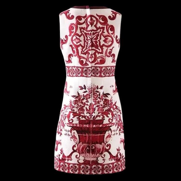 Handmade Italian designer Brocade Majolica print sleeveless mini dress, red white Minidress summer dress