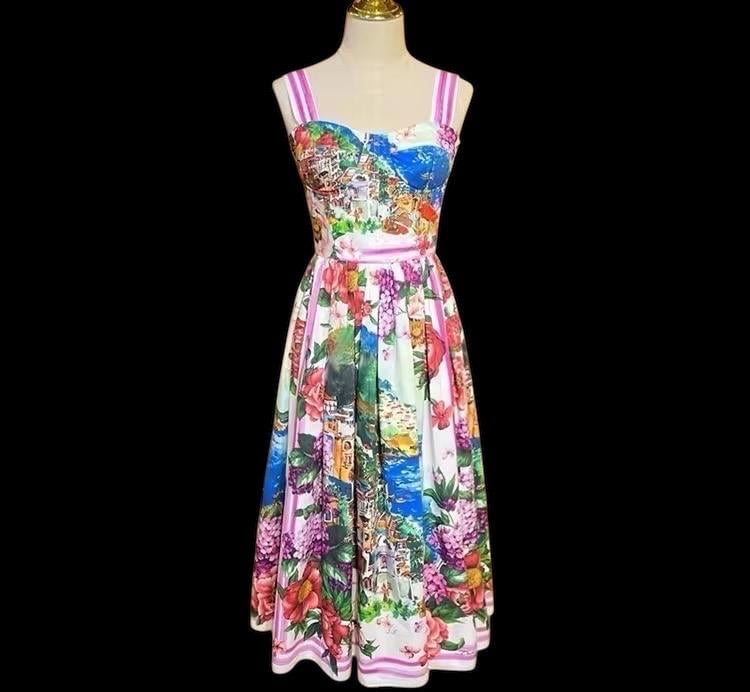 Handmade Italian designer Positano print push up cotton dress, dolce vita dress