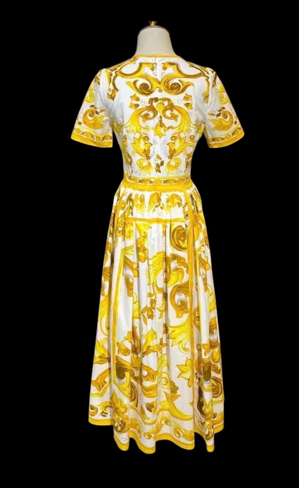 Italian Luxury yellow Tiles Majolica shirt sleeve dress 100% cotton dress