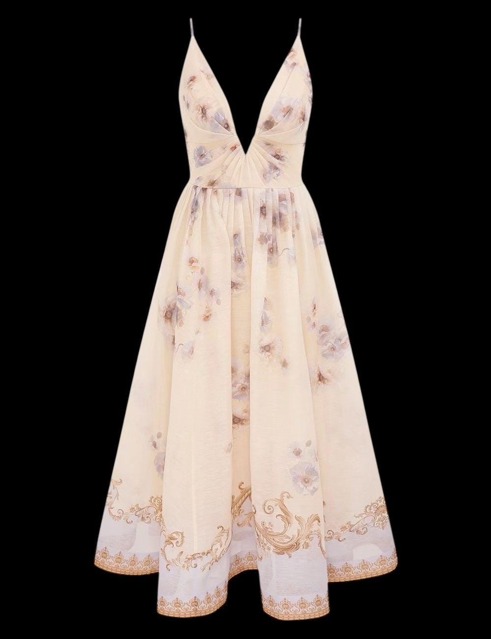 Floral Linen Silk Midi Dress: Italian Designer Handmade Luxury