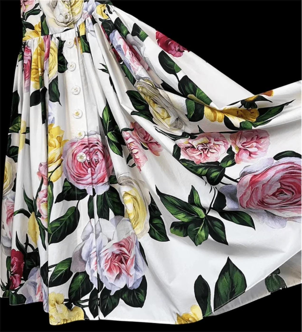 Italian Luxury designer Roses print button front 100% cotton dress