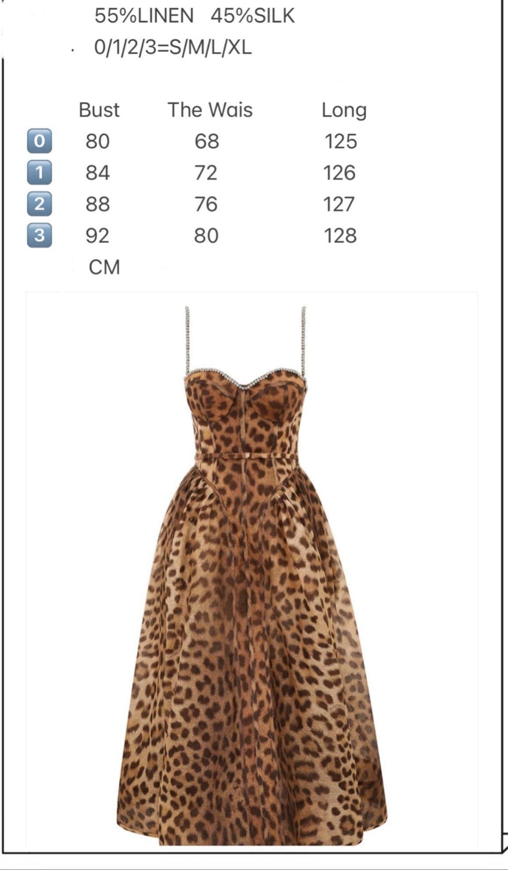 Handmade Italian Linen Silk Midi Dress: Leopard Print, Swarovski Crystals
