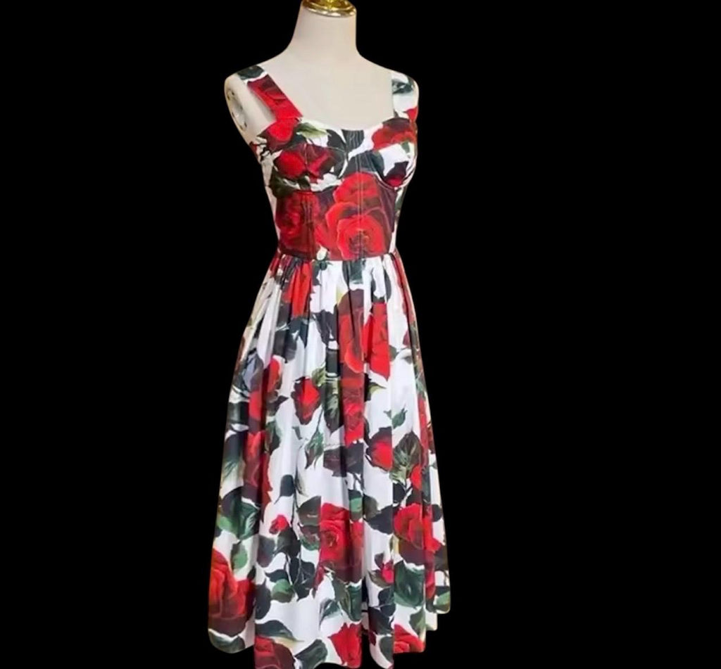 Handmade Italian designer floral-print roses print midi dress push up cotton dress