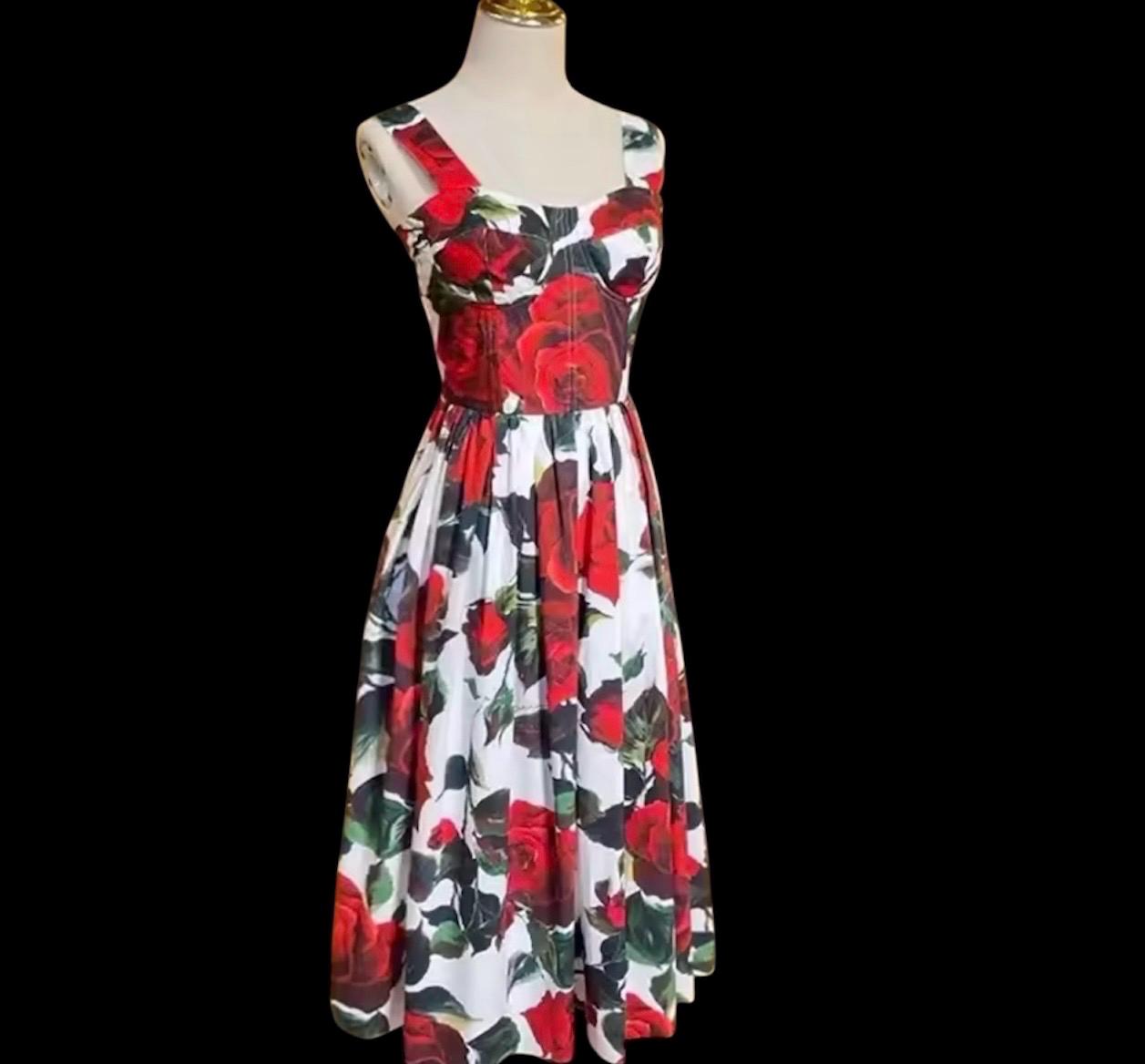 Handmade Italian designer floral-print roses print midi dress push up cotton dress