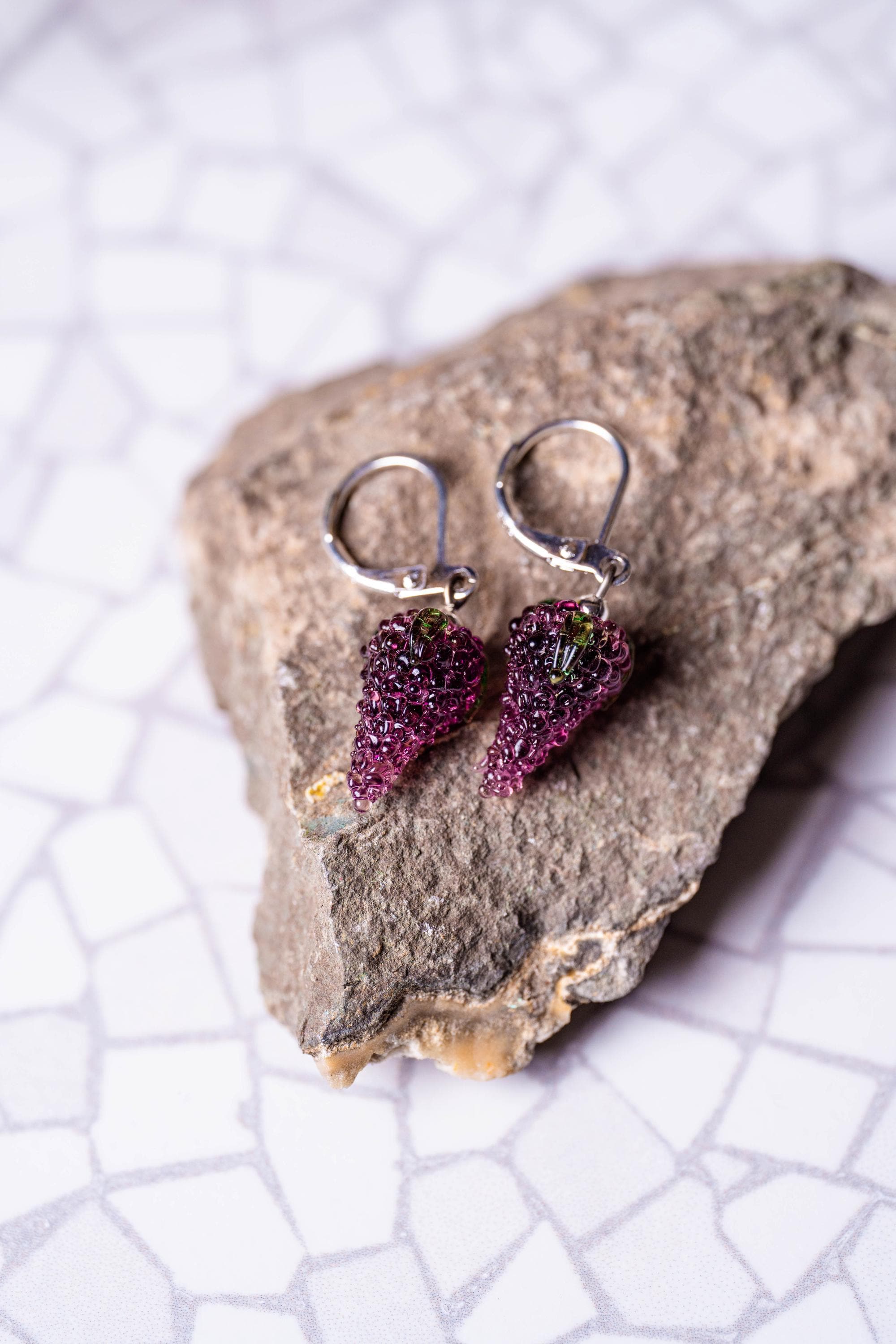 Handmade Murano Glass Grape Earrings: 925 Sterling Silver Hoops