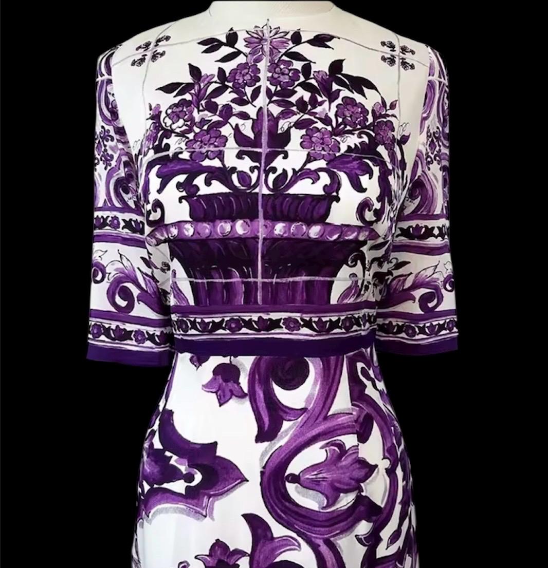 Italian Silk Occasion Dress: Purple Majolica Print, Full Sleeves