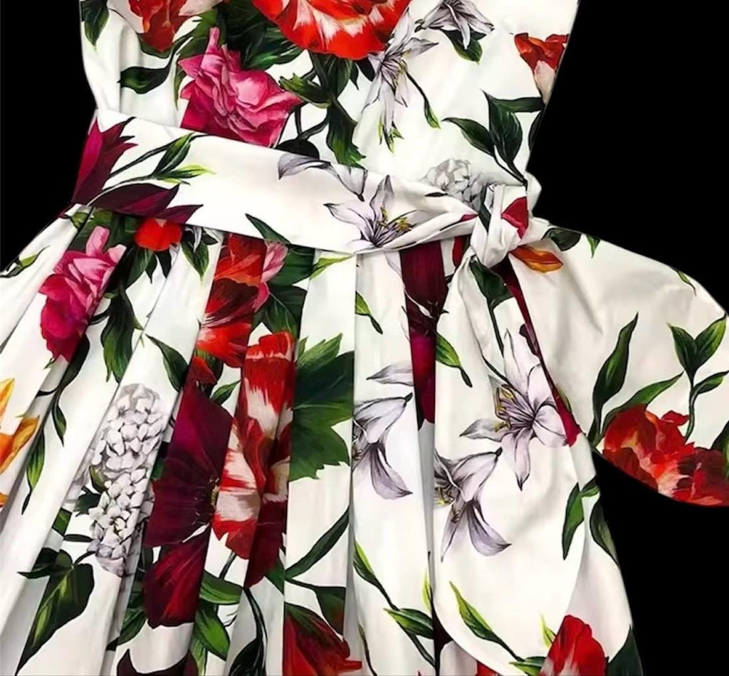 Handmade Italian designer Floral Pleated Popeline Midi Dress With Belt dress