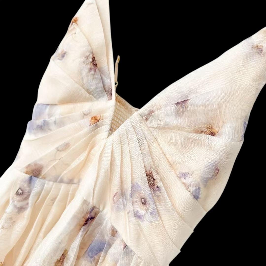 Floral Linen Silk Midi Dress: Italian Designer Handmade Luxury