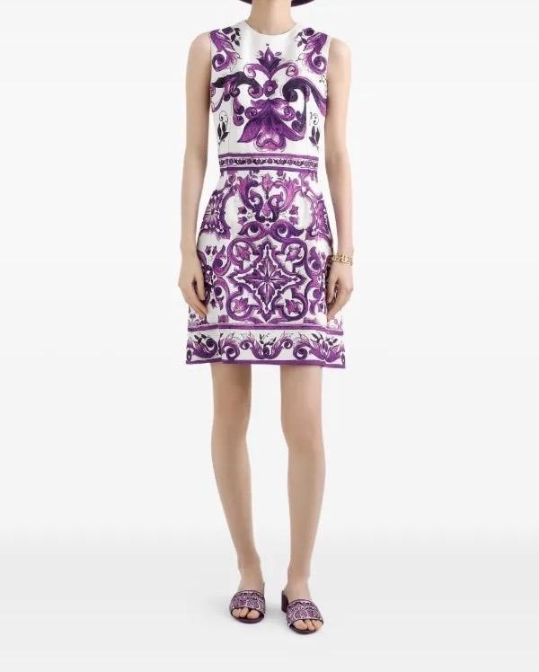 Handmade Italian designer Brocade Majolica print sleeveless mini dress, purple white Minidress summer dress