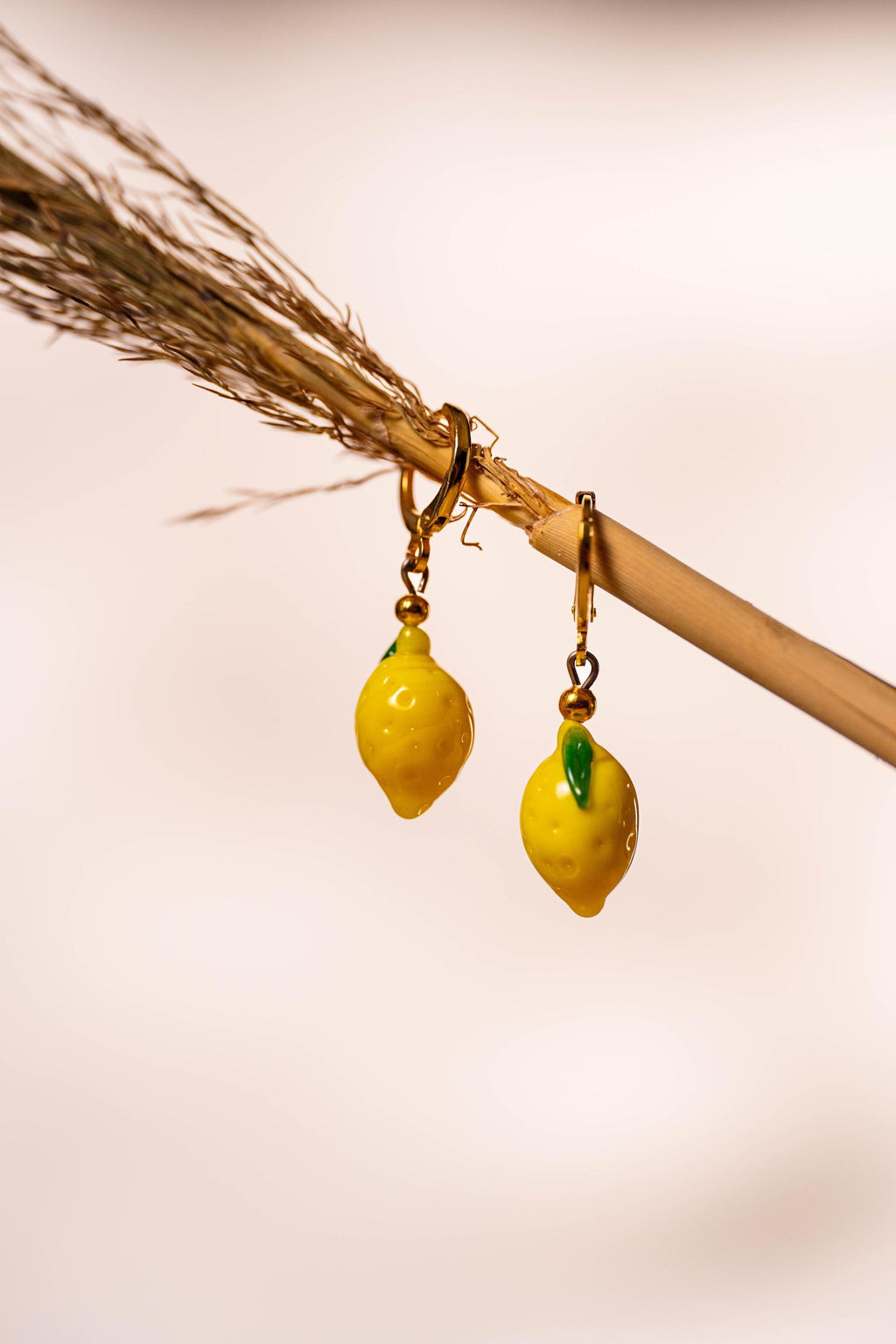 Handmade Murano Glass Lemon Earrings: Gold Plated Hoop Charm