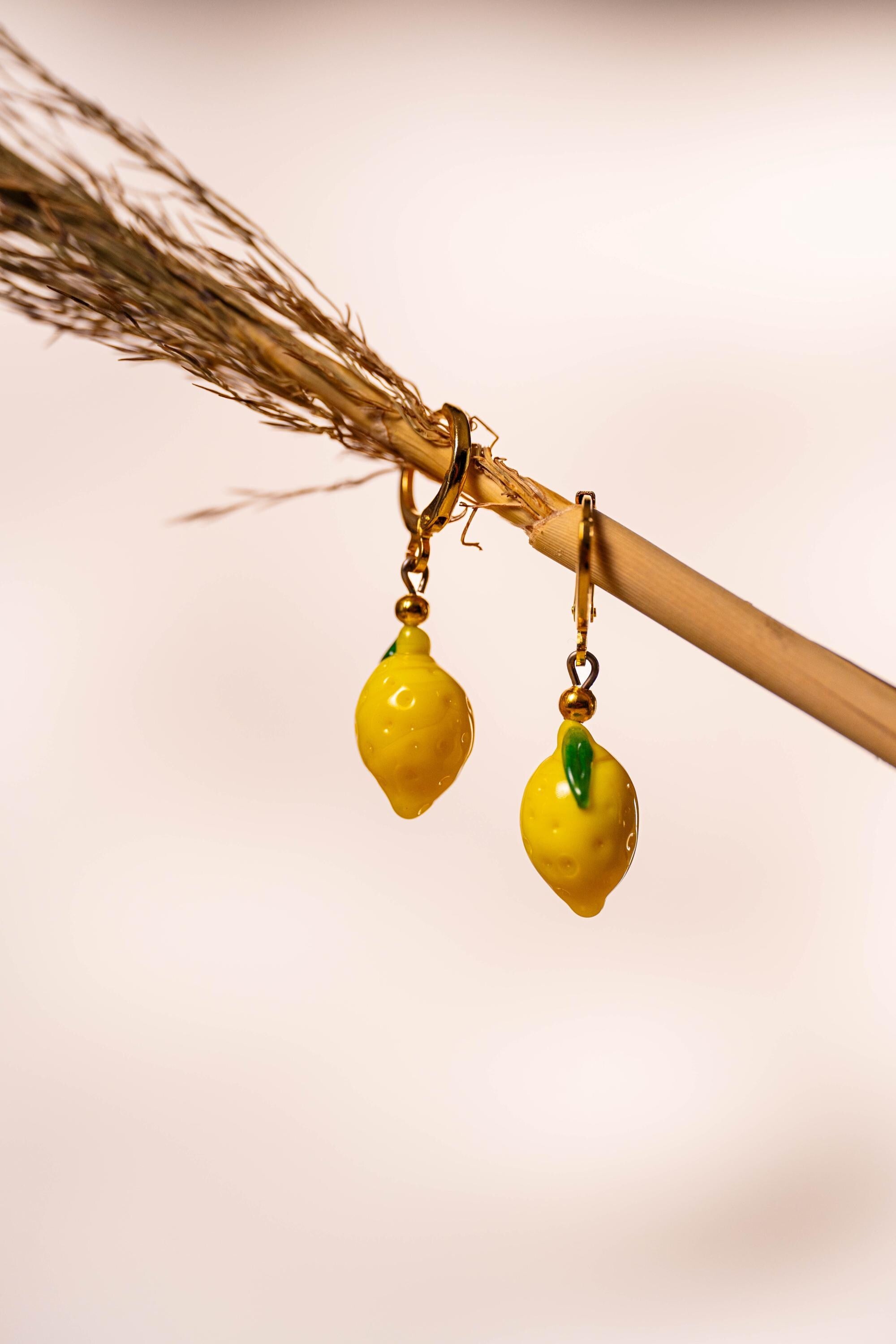 Handmade Murano Glass Lemon Earrings: Gold Plated Hoop Charm