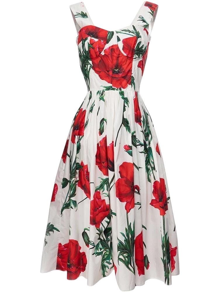 Handmade Italian designer Poppies print push up cotton dress