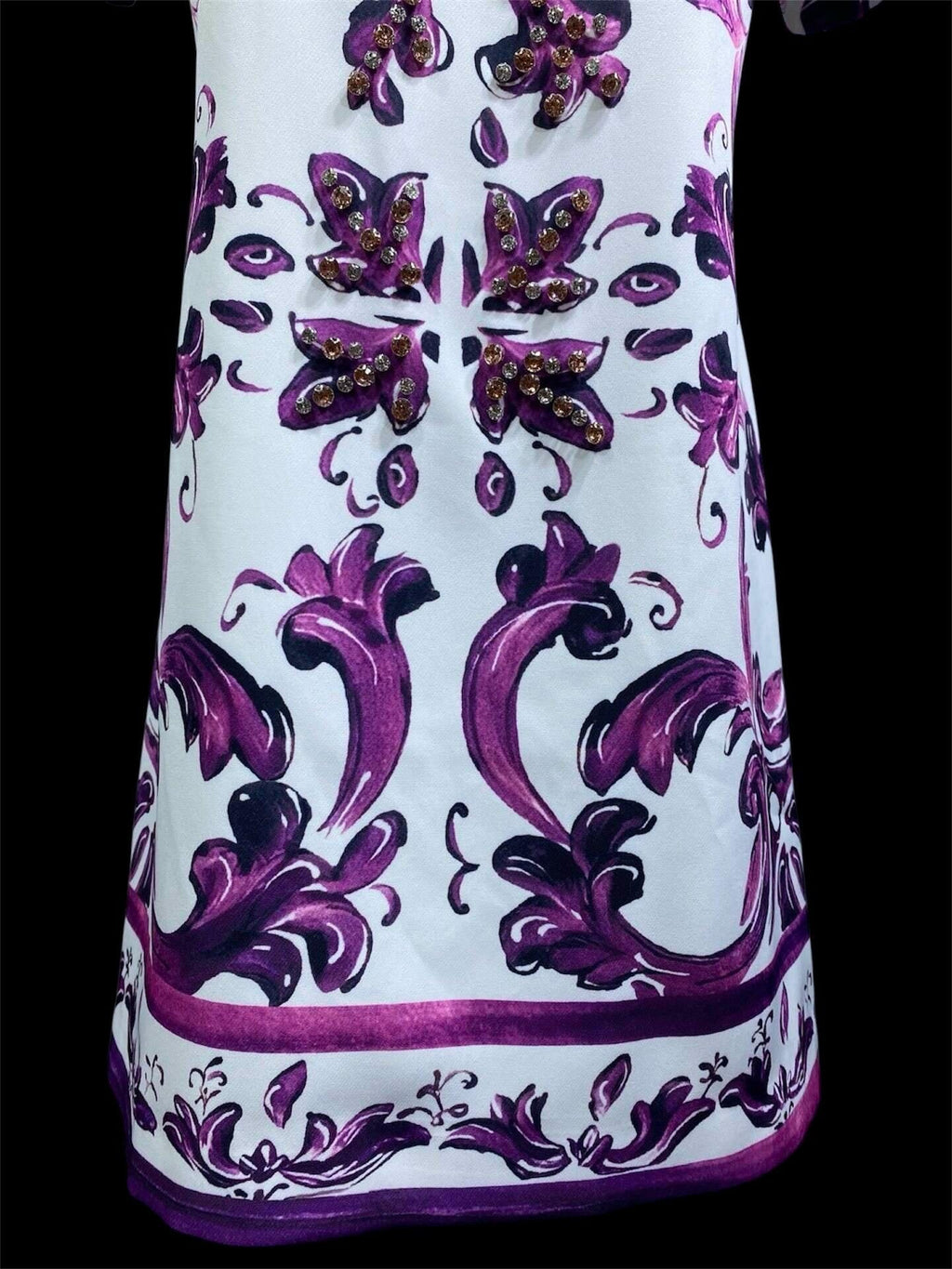 Italian Majolica Print Dress: Rhinestone Detail, Purple Cotton Blend
