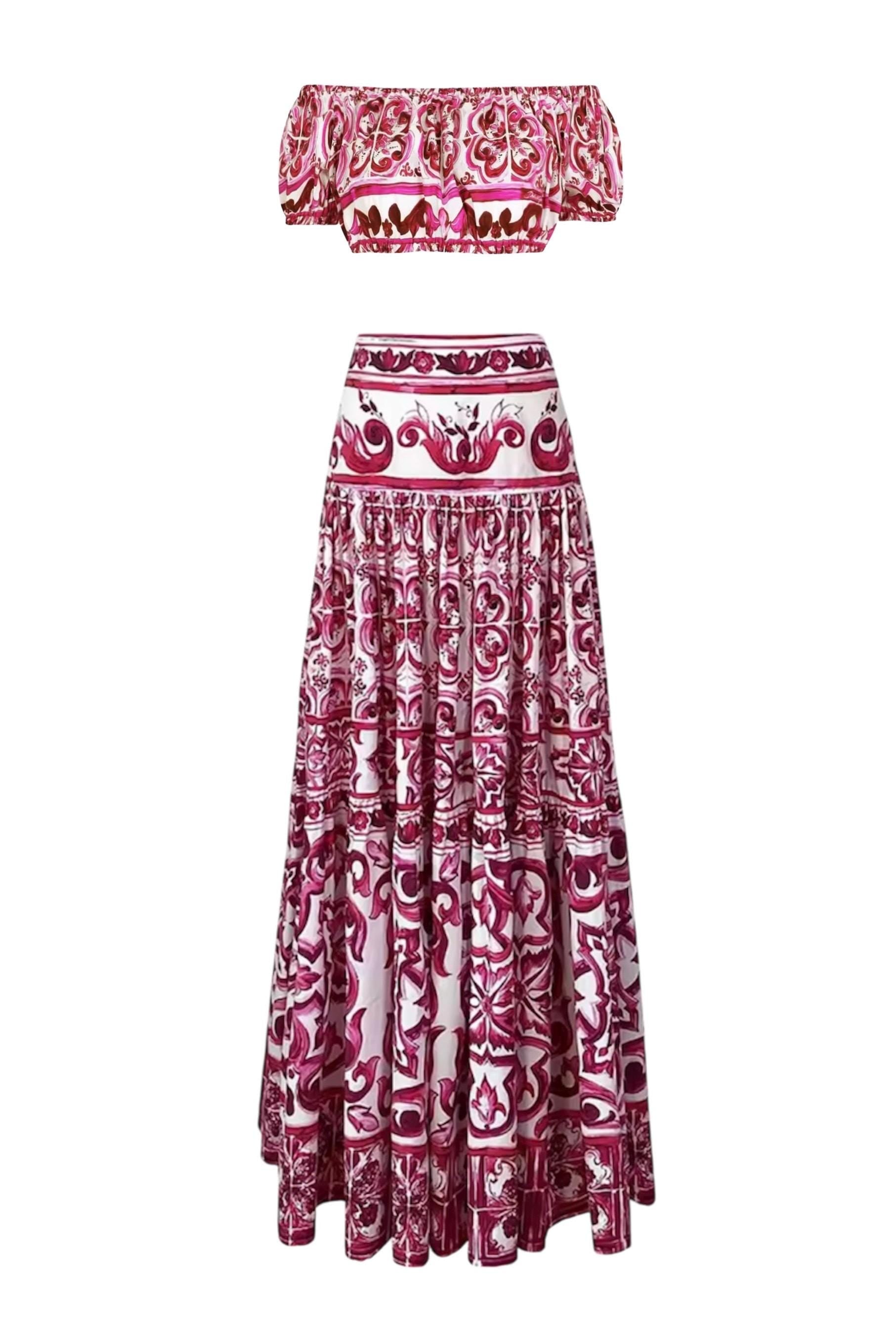 Italian Tile Print Crop Top and Skirt Set: Handmade Cotton Summer Dress
