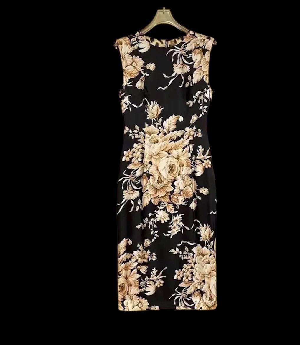 Handmade Italian Long sleeves Floral print 100% silk dress Black color