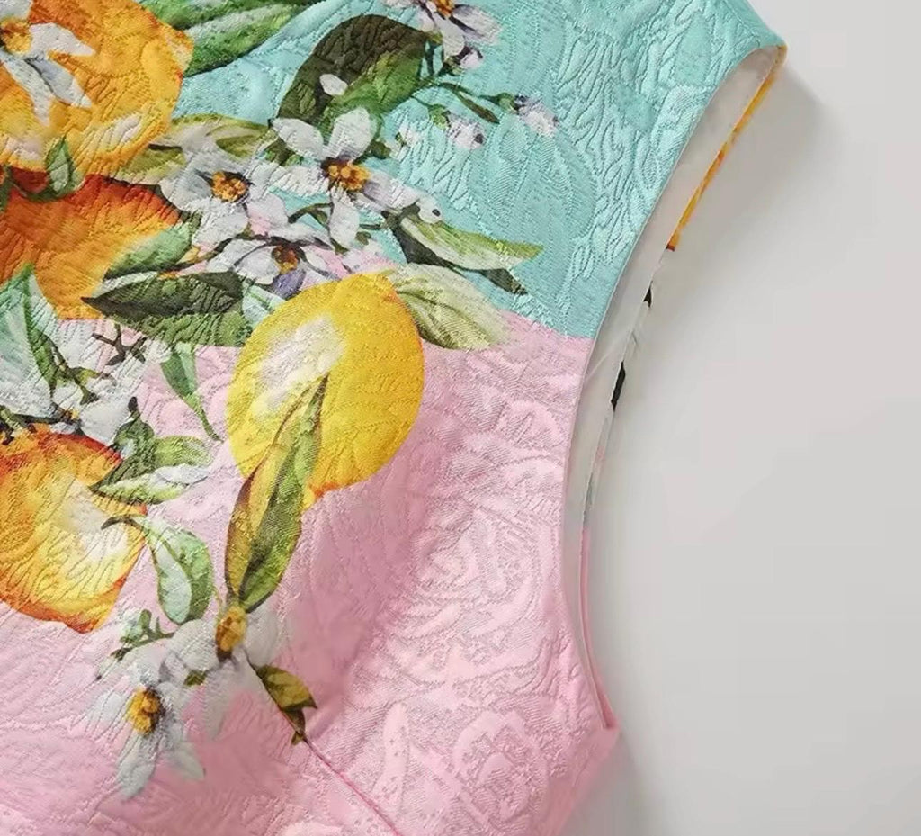 Handmade Italian designer Brocade pink Lemons print sleeveless mini dress