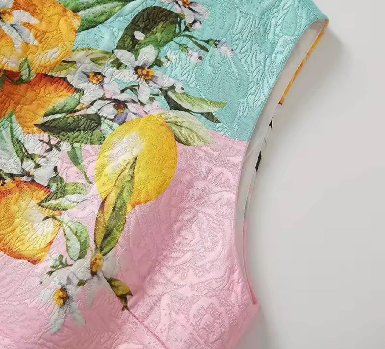 Handmade Italian designer Brocade pink Lemons print sleeveless mini dress