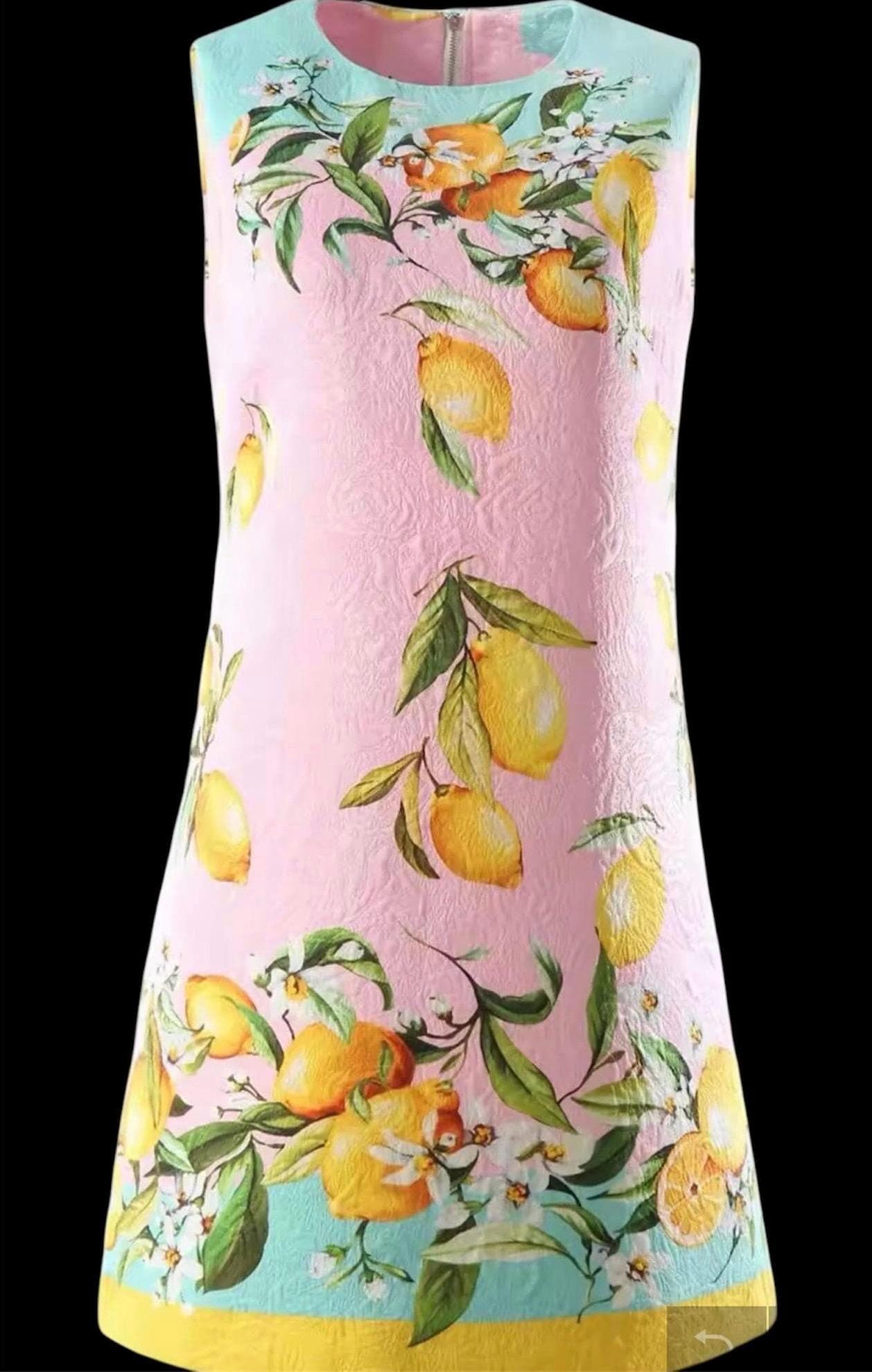 Handmade Italian designer Brocade pink Lemons print sleeveless mini dress