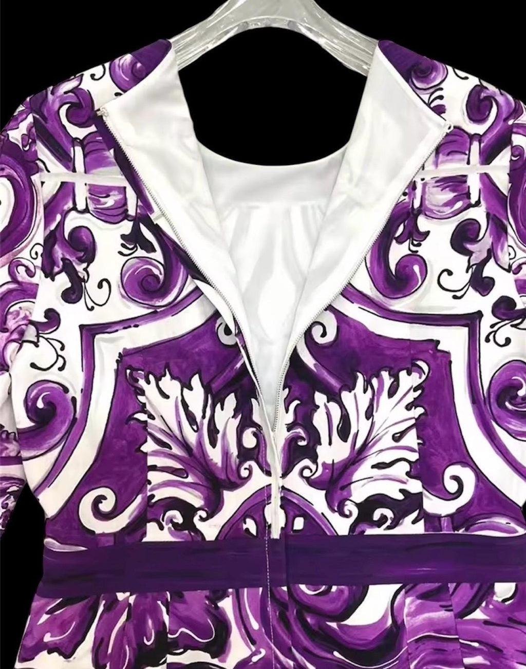 Italian Designer Cotton Mini Dress: Pink Roses Print, Purple Sleeves