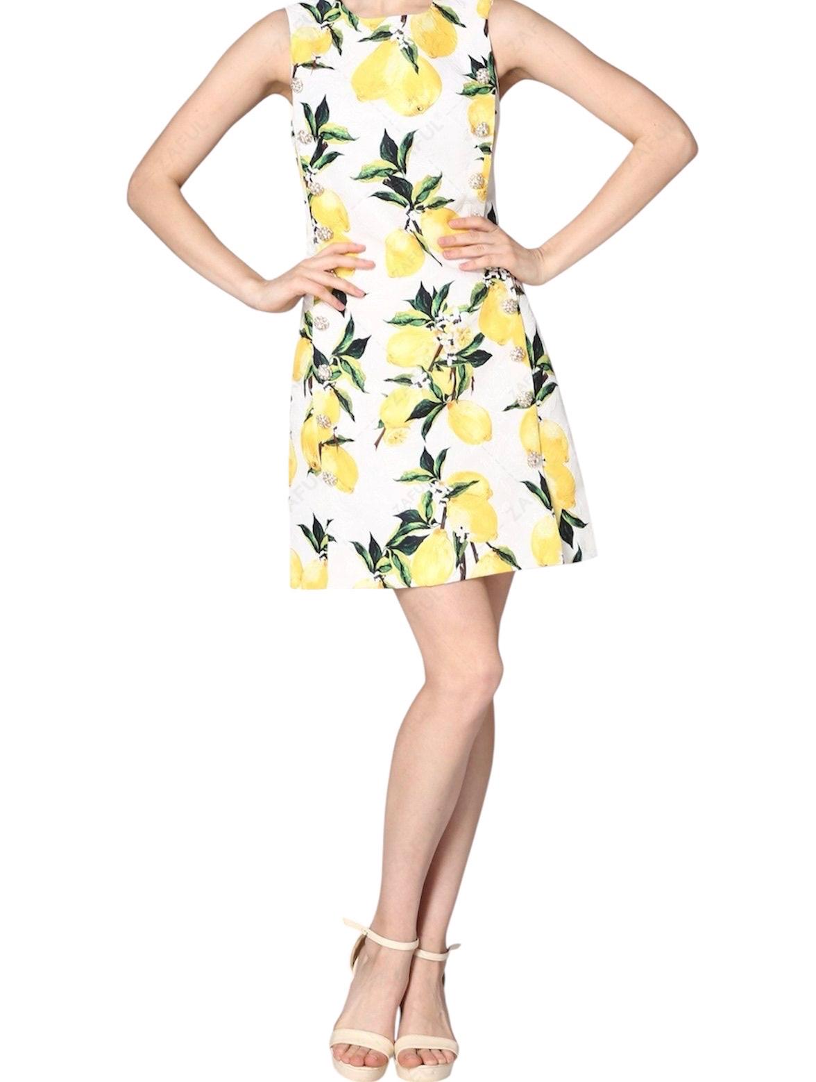 Handmade Italian designer white Brocade Lemons print sleeveless mini dress with gemstone buttons