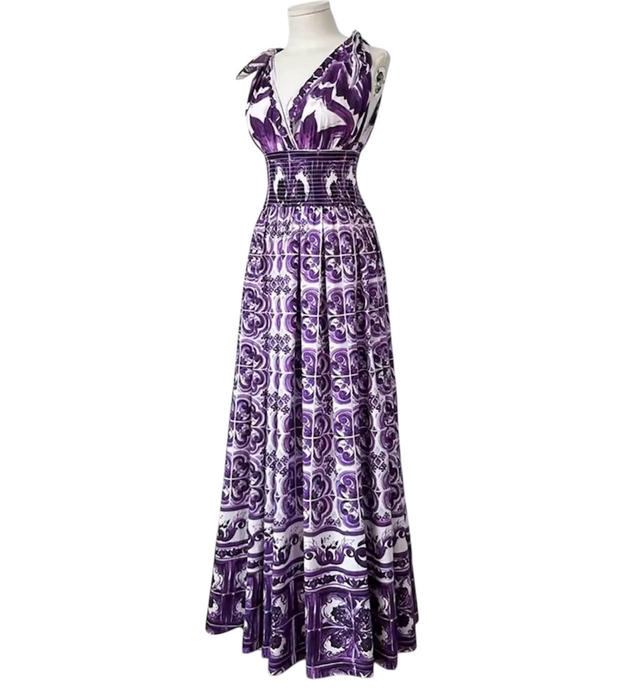 Handmade Italian Majolica Print Dress: Purple Cotton Shirt Sleeve