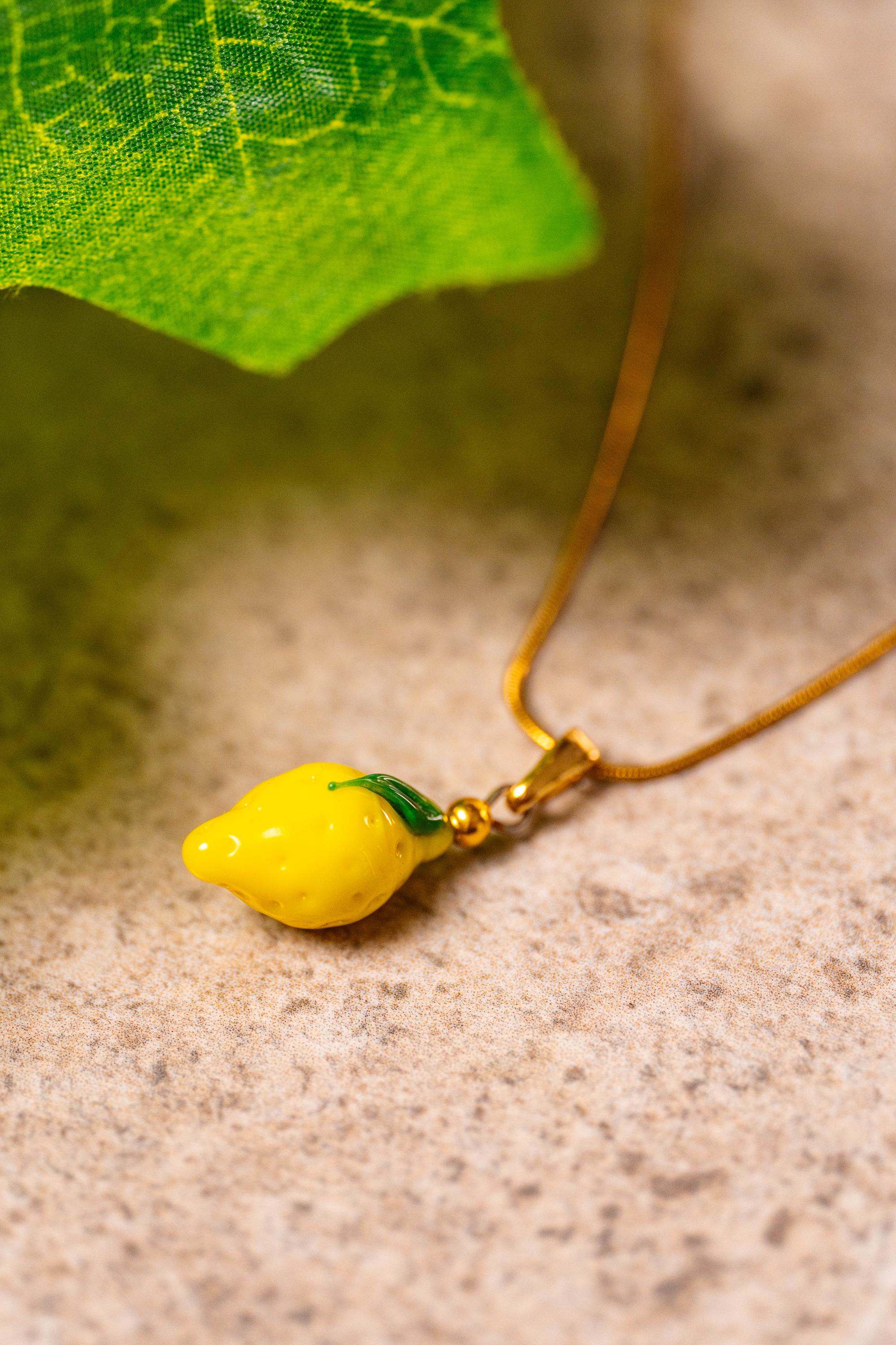 Handmade Murano Glass Lemon Necklace: Gold Plated Charm