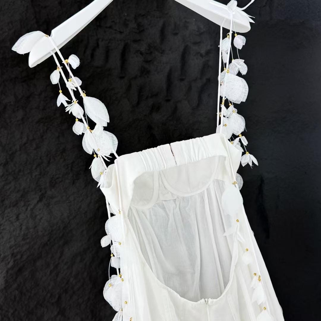 Floral Linen Silk Midi Dress: Italian Designer Handmade Luxury White color Wedding dress