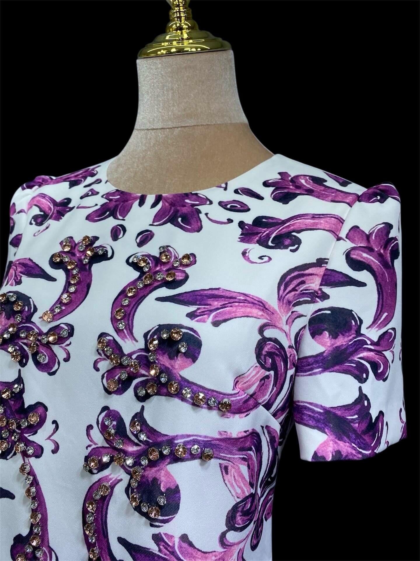 Italian Majolica Print Dress: Rhinestone Detail, Purple Cotton Blend