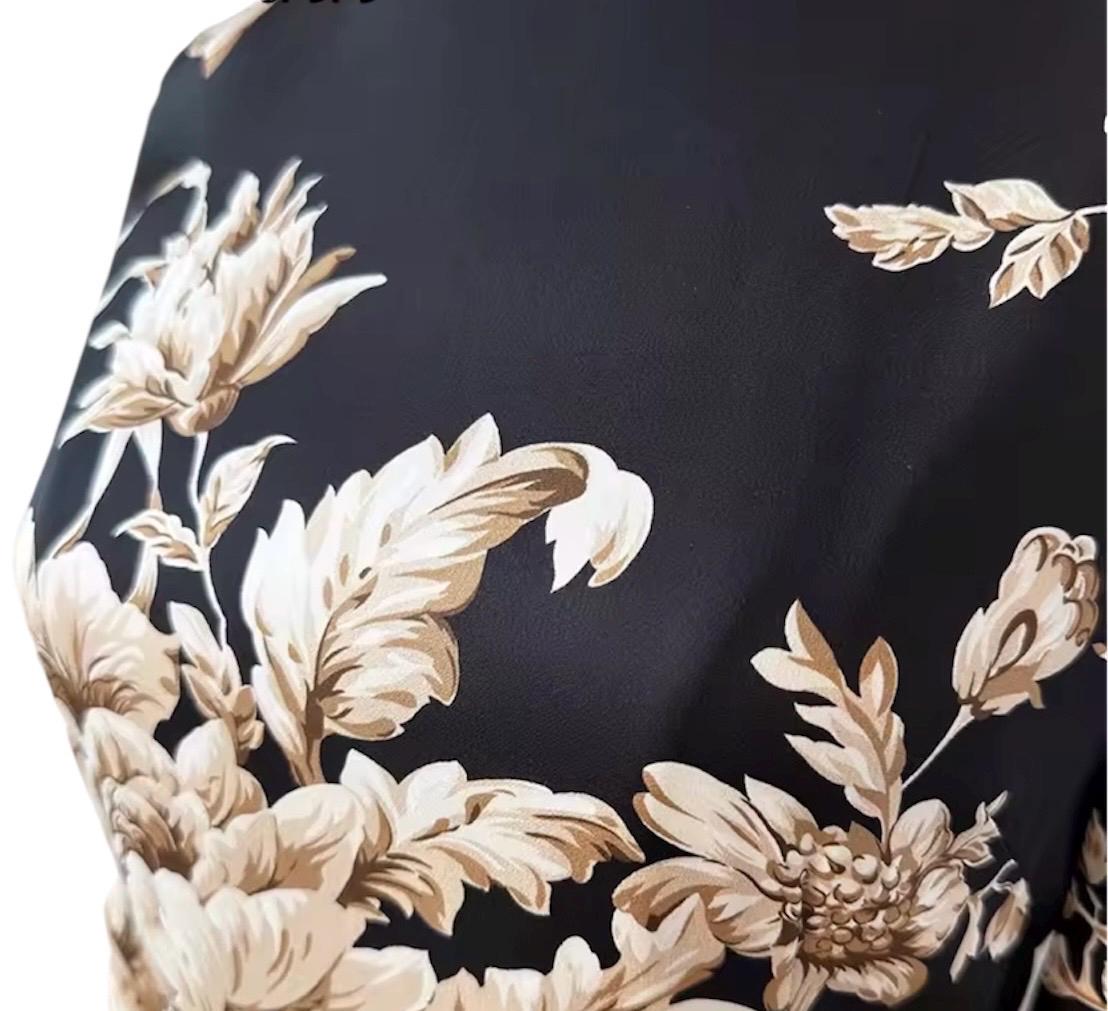 Handmade Italian Long sleeves Floral print 100% silk dress Black color