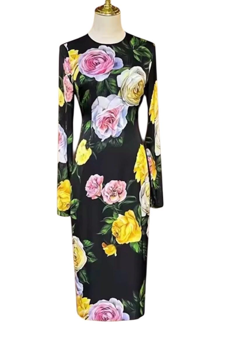 Handmade Italian Long sleeves Roses print silk dress