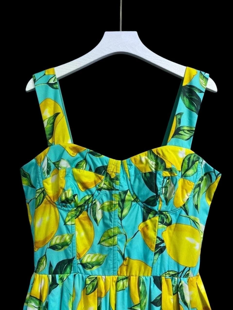 Handmade Italian Lemon Print Corset Mini Dress: 100% Cotton Summer Dress