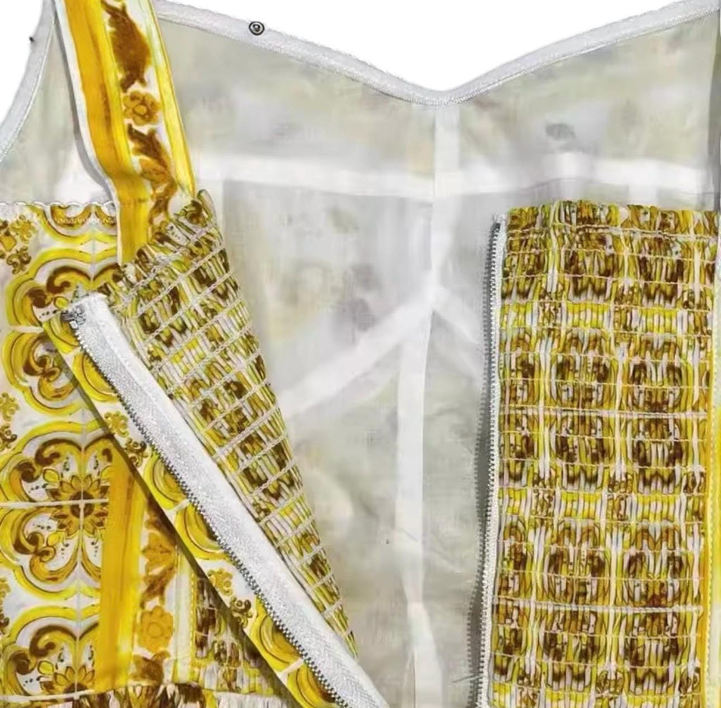 Handmade Italian Cotton Corset Dress: Majolica Print Calf-Length