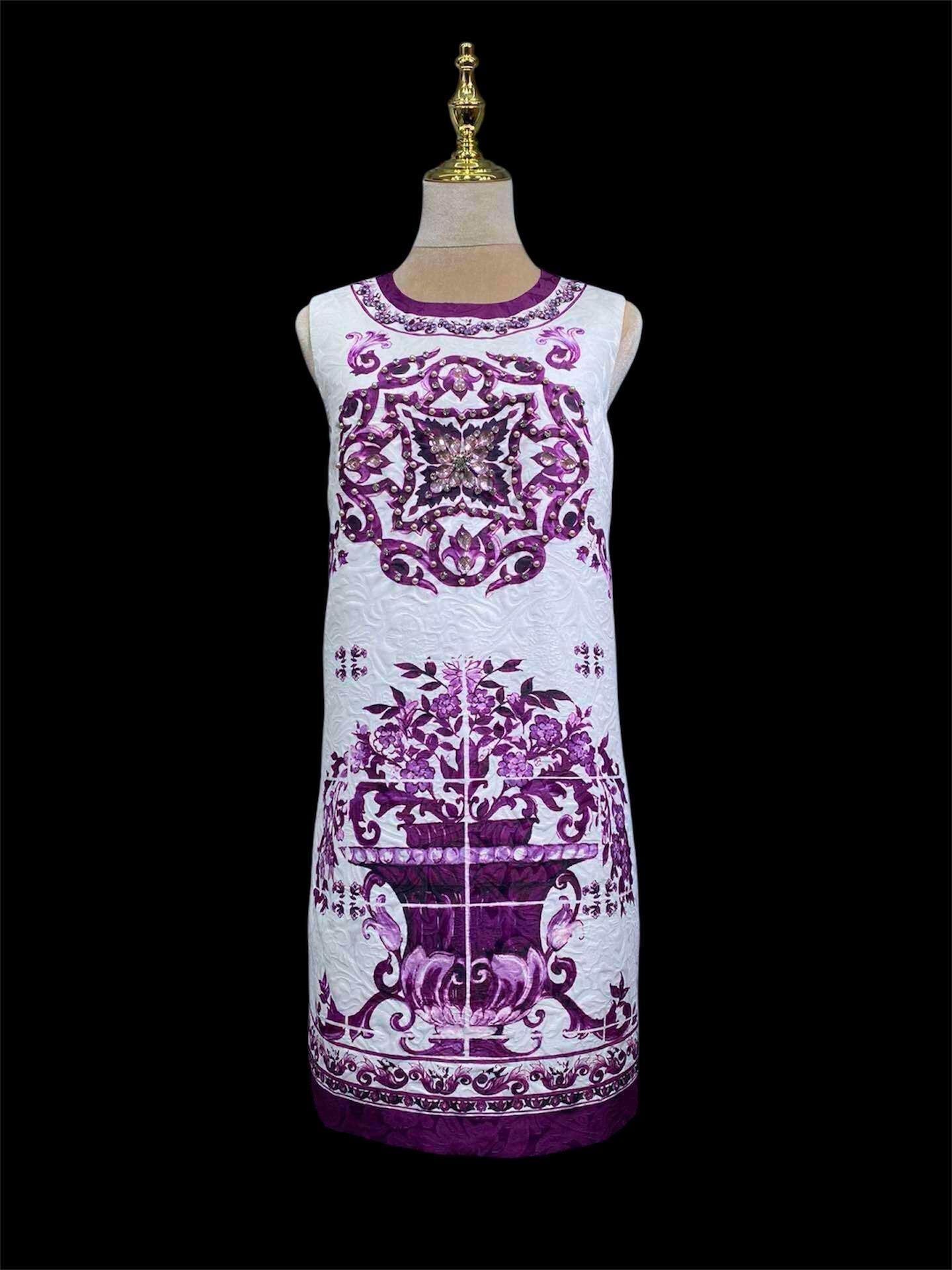 Italian Majolica Print Dress: Rhinestone Cotton Blend Occasion Dress