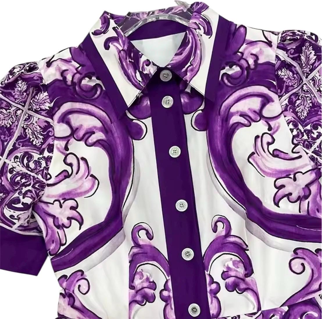 Handmade Purple Majolica Cotton Dress: Italian Designer Shirt Sleeve