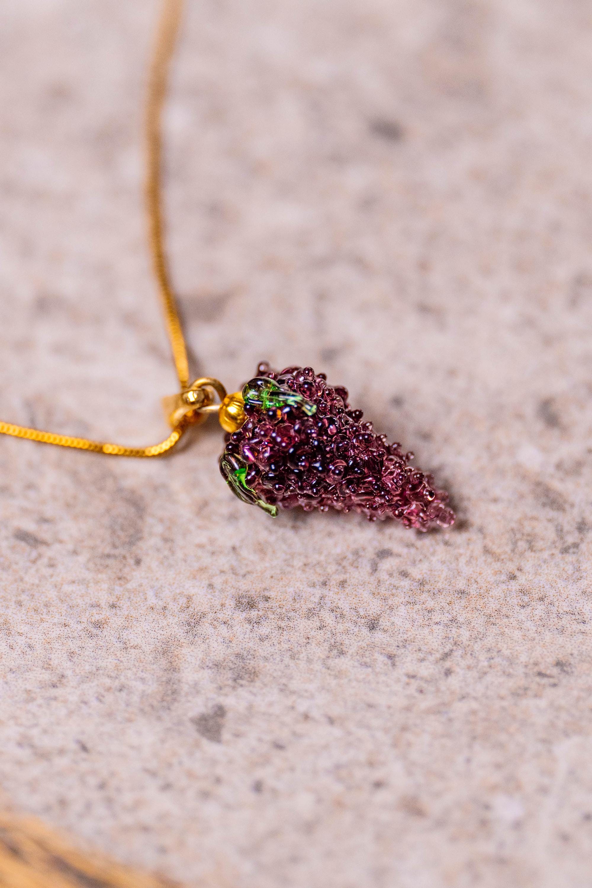 Handmade Murano Glass Grape Necklace: Gold Plated Charm